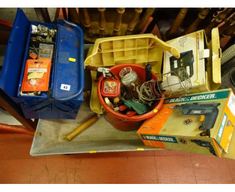 Metal wheelbarrow, cantilever tools with contents of screws and fixings, Black & Decker drill etc E/T