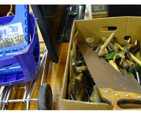 Box of hand tools, spanners, files, saw, wrenches etc, a small chrome folding trolley and two blue steps
