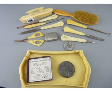 Vintage ivorine manicure set, a Lusitania (German) medal etc