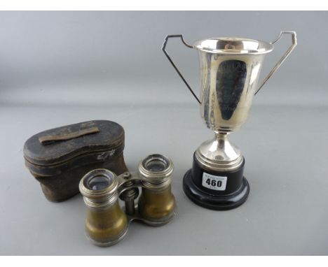 Silver two handled presentation trophy and a cased pair of vintage opera/field glasses