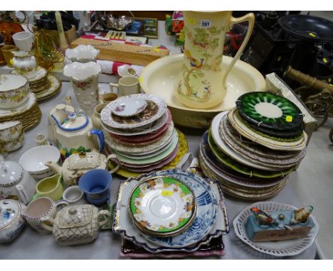 Crown Ducal pottery toilet jug and basin and a parcel of display plates, pair of vases, tea and sugar pots etc