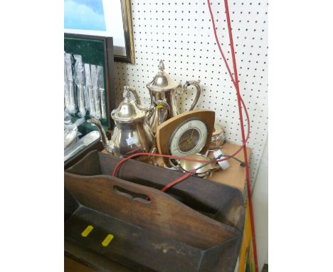Treen two compartment cutlery box, a four piece electroplated tea and coffee service and a small electric clock