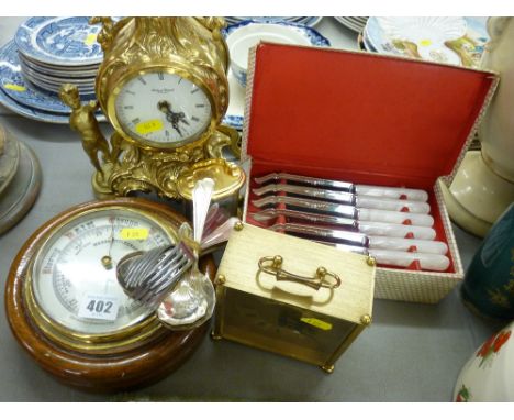 Modern gilt framed mantel clock, an oak framed circular aneroid wall barometer, two other small clocks and a quantity of cutl