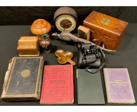 Boxes and Objects - a Victorian oak humidor; antiquarian books; a pair of binoculars; a carved treen playing card box; a cloi