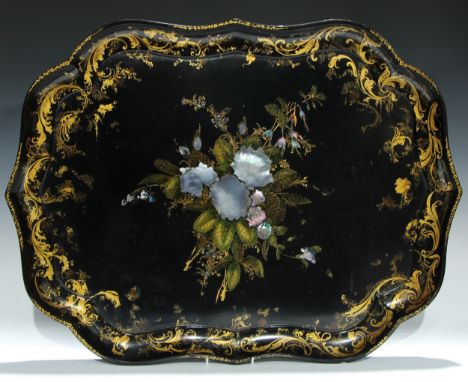 A Victorian Jennens &amp; Bettridge shaped oval tray, decorated with gilt acanthus scrolls and inlaid with mother-of-pearl, 6