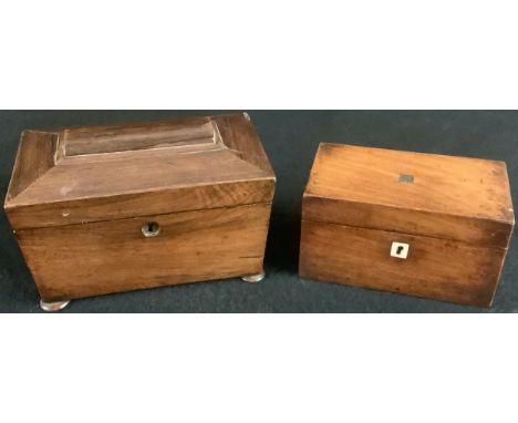 A 19th century rosewood sarcophagus tea caddy, 22cm long; another, mahogany, early 19th century, 17.5cm long (2) 