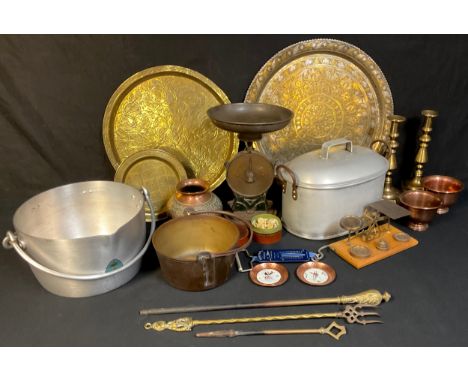 Boxes and Objects - a pair of Indian copper pedestal bowls; an Indian copper vase, chased with bands of scrolling foliage; br