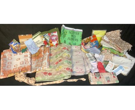 Textiles - retro curtains, tea towels, tablecloths, handkerchiefs, assorted 1950s and later; crochet doilies, runners, qty 