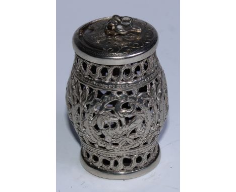 A Chinese silver coloured metal cricket box, sliding aperture cover, 7cm high 