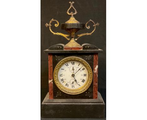 A late 19th century French black slate and rouge marble mantel alarm clock, urn finial, white dial with Roman and Arabic twen