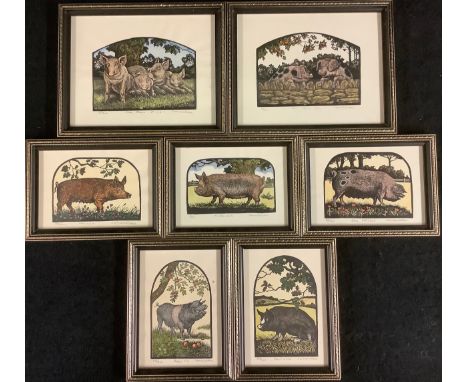 R Samaraweera, by and after, five coloured wood engravings, Tamworth, Happy Pig, Glos Old Spot, Barkshire, Middlewhite, all l