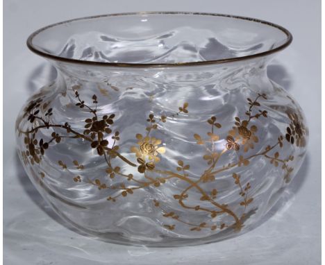 An Art Nouveau period glass bowl, decorated in gilt with blossoming branches, 19cm diam, c.1910 