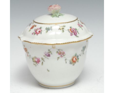 A Chelsea-Derby ogee-shaped sucrier and cover, painted in polychrome enamels with trailing swags of summer flowers, the domed