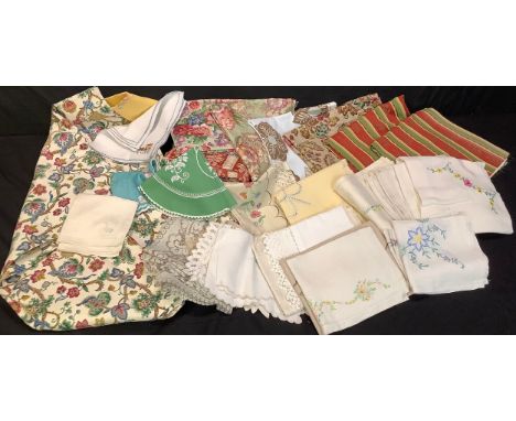 Textiles - fabric samples, including approx. 7m of curtain fabric; cloths, tray cloths, doilies, table cloths; qty 