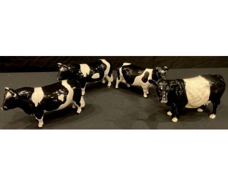 A Beswick model of a Belted Galloway Cow; a Beswick model of Champion Claybury Leegwater; two models of Friesian Champion Cod