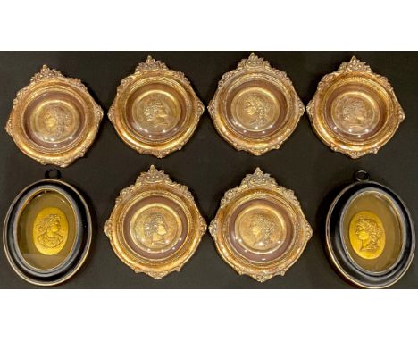 A set of six reproduction intaglio portrait miniatures, moulded gilt frames, 17cm high; a similar pair of ovals (8) 