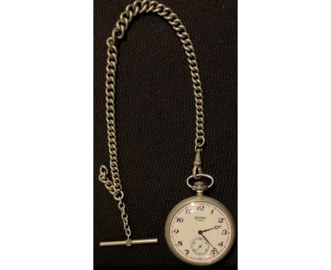 A Sekonda 18 jewel railway pocket watch, engine to verso, on graduated link Albert 