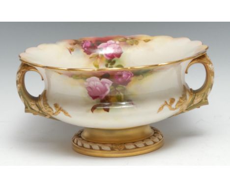 A Royal Worcester  two-handled campana shaped bowl, painted by R Austin, signed, decorated with pink cabbage roses, 25.5cm di