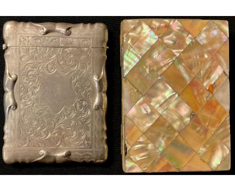 A Victorian silver plated card case; a mother of pearl card case (2) 