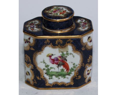 A 19th century Samson Worcester  tea caddy, painted with fanciful birds within gilt cartouches, the scale blue ground with va