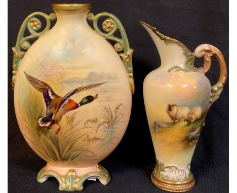 A Royal Worcester slender tapering jug, painted by E Barker, signed, decorated with rams, number 1587, printed mark in puce, 