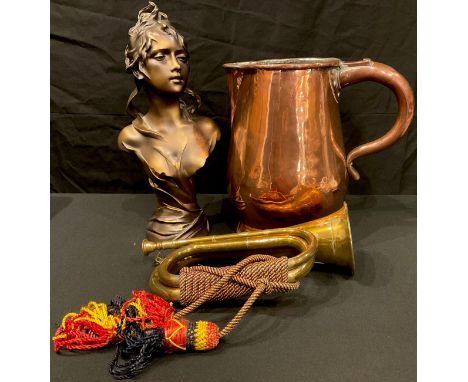 A brass bugle; a 19th century copper flagon with rivetted handle,  28.5cm; a resin bust of an Art Nouveau style beauty (3) 