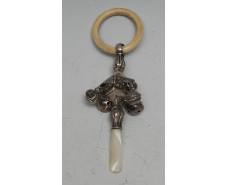 A George V silver, mother-of-pearl and bone baby's rattle, four bells, 13cm long, Crisford &amp; Norris Ltd, Birmingham 1915 