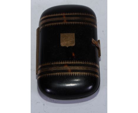 A 19th century lady's tortoiseshell and gold piqué rounded rectangular purse, the hinged cover restrained by a clasp and encl