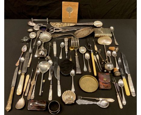 Silver Plated Ware/Boxes and Objects - a mother of pearl spoon; grape shears, bottle stoppers; serving pieces; etc 