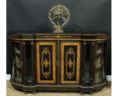 A Victorian gilt metal mounted, walnut trimmed ebonised and marquetry credenza, slightly oversailing top above a pair of pane