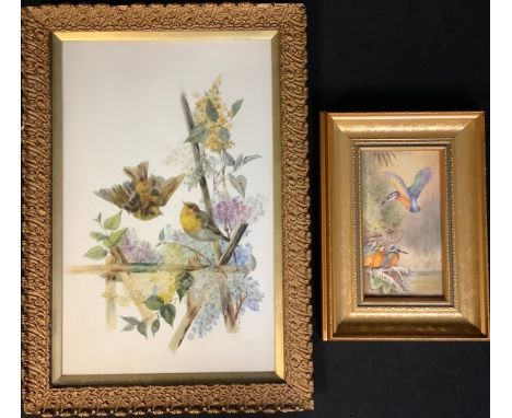 A hand painted porcelain panel decorated by Ray Poole, signed, a Kingfisher feeding their young, 22cm x 12cm; an opaque white