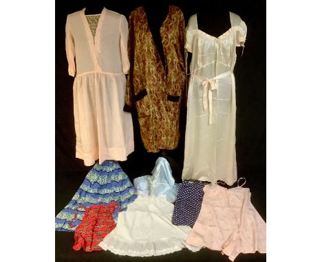 Textiles - a 1940s lady's "parachute" silk night dress; a gentleman's Paisley pattern dressing gown; handmade clothes, polka 