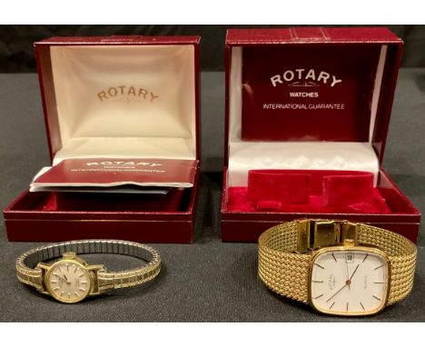 A lady's Rotary Quartz fashion watch, white dial, baton indicators, date aperture, bracelet strap, boxed; a 9ct gold watch wi