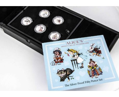 A 2021 Isle of Man 'Alice's adventures in Wonderland' Silver 50 pence collection,  includes five coins, each depicting a colo