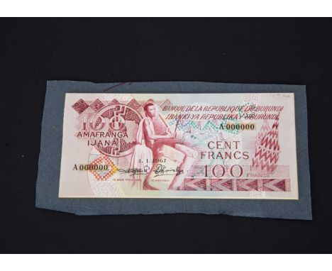 Republic Bank of Burundi, an original design essay of a 100 Francs bank note, the art work done at Bradbury Wilkinson, possib