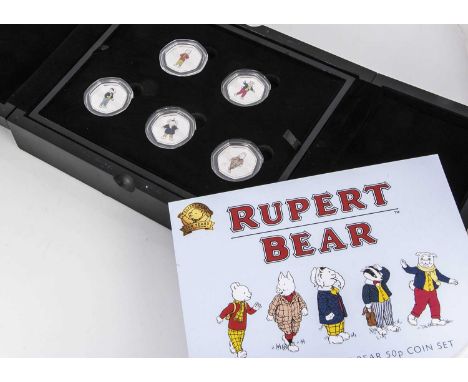 A 2020 Isle of Man 'Rupert Bear' Silver 50 pence collection,  includes five coins, each depicting a coloured portrait of char