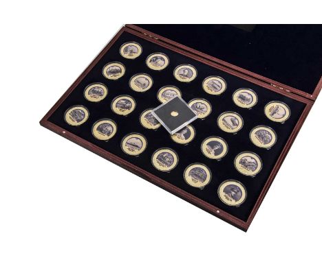 A collection of modern commemorative coins, in fitted box with 24 gilt medallions relating to the first world war, together w