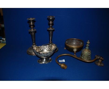 A pair of plated Candlesticks, plated sweet dish, brass bowl, lamp bracket and a hand Bell.