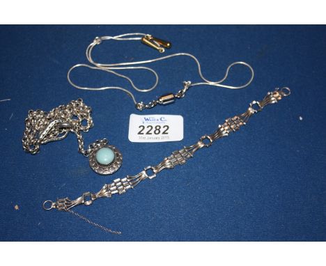 A Silver Gate Bracelet a/f,  a Silver chain Necklace and a heavy Silver Chain with blue stone Pendant