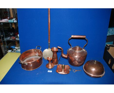A quantity of Copper including large kettle, two handled pot, skimmer, heated plate and dome top, etc.