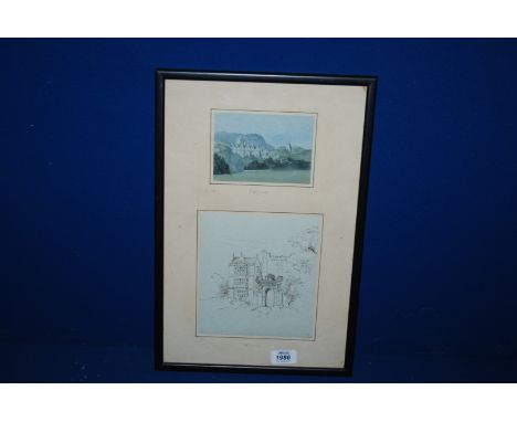 A pen and ink sketch, and a Watercolour of 17th c. Hatherop Hall in the Cotswolds, both inscribed and framed as one