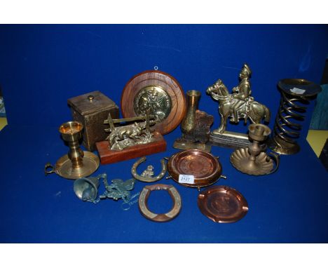 A quantity of Brass including two brass chambersticks, fox letter rack, old tea caddy, door stops, etc.