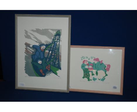 A stencil based gouache picture of two 'Beryl' type ladies on a park bench, in greens and pinks, inscribed in pencil 'Then I 
