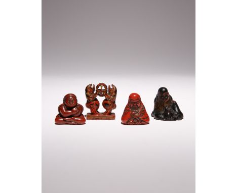 FOUR JAPANESE LACQUERED WOOD NETSUKE EDO PERIOD AND LATER, 18TH CENTURY AND LATER One a negoro-style seal netsuke depicting t