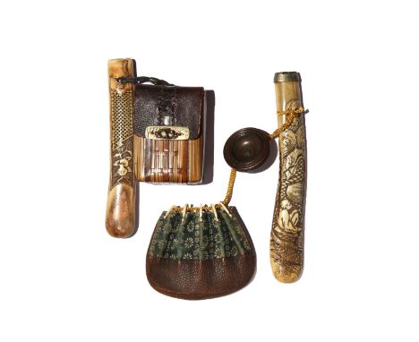 TWO JAPANESE SMOKING SETS EDO OR MEIJI PERIOD, 18TH OR 19TH CENTURY Both with stag antler kiseruzutsu of otoshi-zutsu form, t