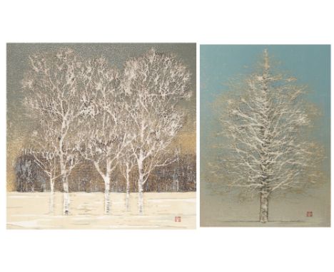JOICHI HOSHI (1913-79) SHOWA ERA, 1974 AND 1976 Two Japanese woodblock prints with metallic pigments depicting trees, the fir