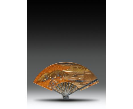 A FINE JAPANESE GOLD LACQUER KOBAKO (BOX AND COVER) MEIJI PERIOD, 19TH CENTURY The lid shaped as a paper fan decorated with a