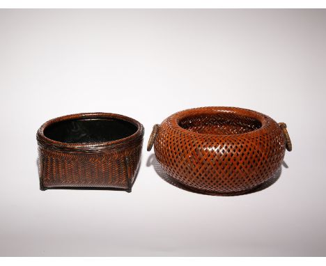 TWO JAPANESE BAMBOO SUMITORI (CHARCOAL BASKETS) MEIJI OR TAISHO PERIOD, 20TH CENTURY The first a na-kago style basket with a 