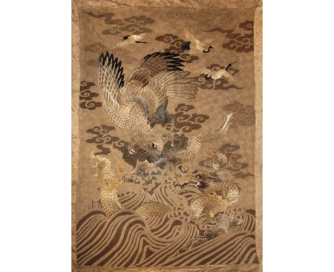 A LARGE JAPANESE EMBROIDERED WALL HANGING MEIJI PERIOD, 19TH CENTURY The rectangular panel worked in silk and metallic thread