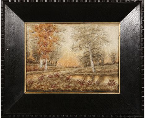A JAPANESE SILK EMBROIDERY MEIJI PERIOD, 19TH OR 20TH CENTURY The panel of rectangular shape and depicting woodlands, with ta